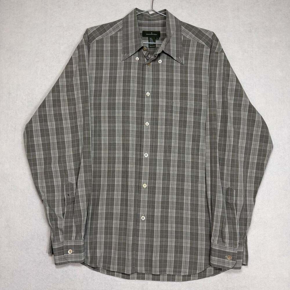 Ermenegildo Zegna Shirt Mens L Gray Plaid 100% Cotton Button-Down Dress